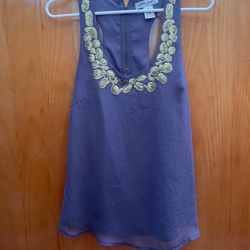 Ultra Pink Warm Grey Racerback Top with Gold Sequin Embellishments